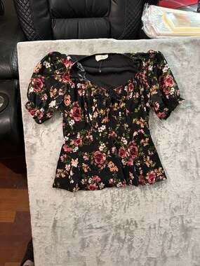 Amber Black Floral Puff Short Sleeve Smocked Peplum Top